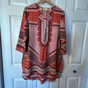 Fig and Flower XL Boho Print Tunic Orange Pink Women